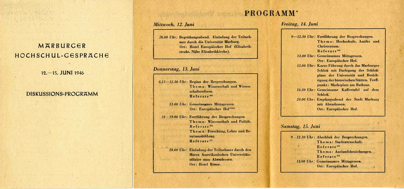 Programme für die Marburger Hochschulgespräche, 12. bis 15. Juni 1946
