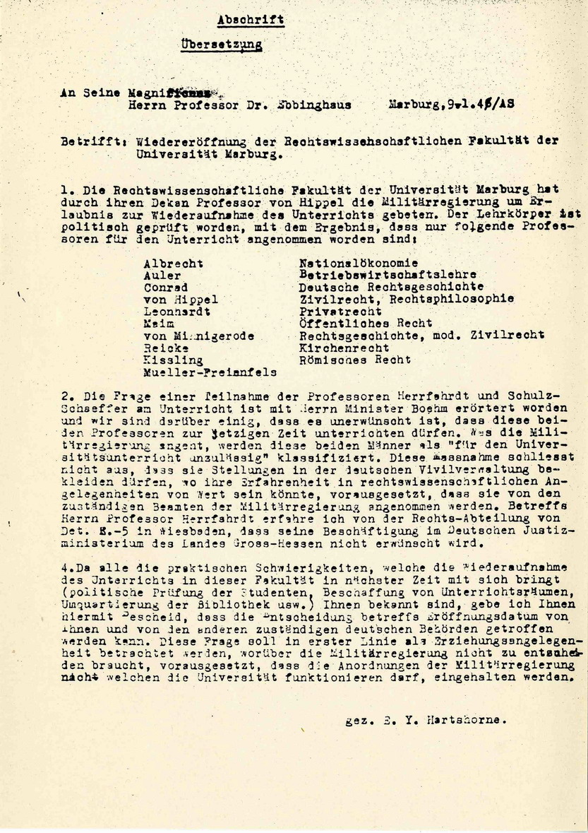 Brief Hartshornes an Prof. Julius Ebbinghaus, Rektor der Universität Marburg, wegen der Wiedereröffnung der Rechtswissenschaftlichen Fakultät, 9. Januar 1946