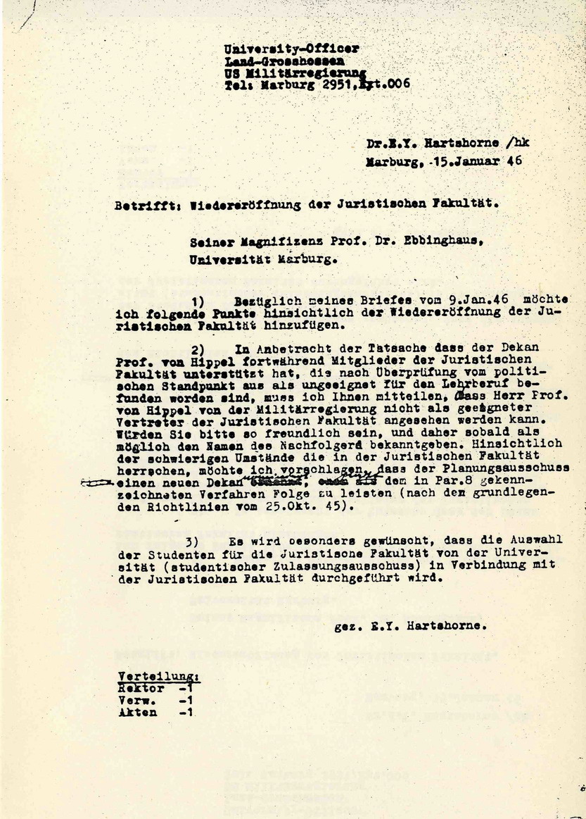 Aufforderung Hartshornes an den Rektor der Universität Marburg, Prof. Julius Ebbinghaus, einen Nachfolger für den Dekan der Juristischen Fakultät, Fritz von Hippel, zu benennen, 15. Januar 1946
