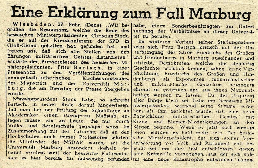 Zeitungsausschnitt: Eine Erklärung zum Fall Marburg, Februar 1947