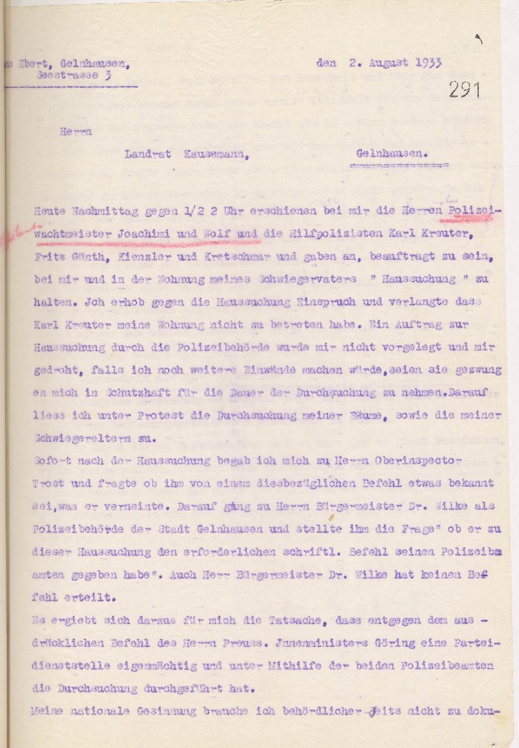 Beschwerde von Hans Ebert, wegen Durchsuchung seiner Wohnung bei der NSDAP Bezirksleitung Gelnhausen