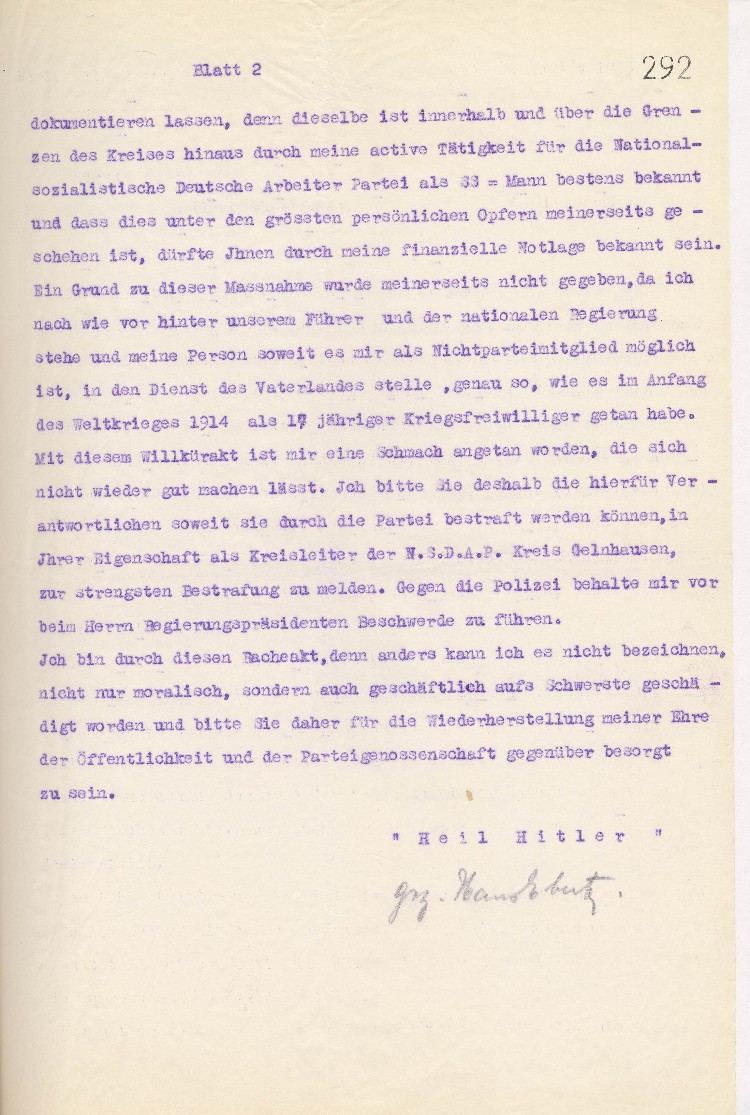 Beschwerde von Hans Ebert, wegen Durchsuchung seiner Wohnung bei der NSDAP Bezirksleitung Gelnhausen