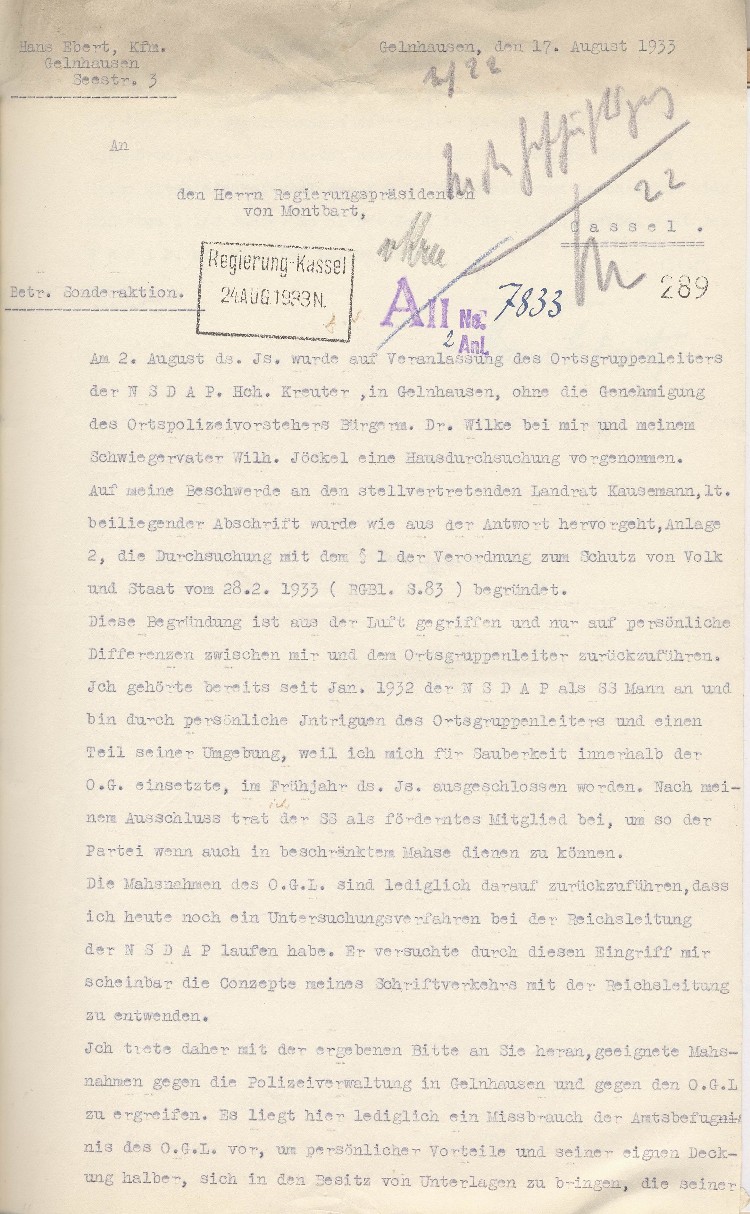 Beschwerde von Hans Ebert beim Regierungspräsidenten in Kassel, bezüglich Haussuchung
