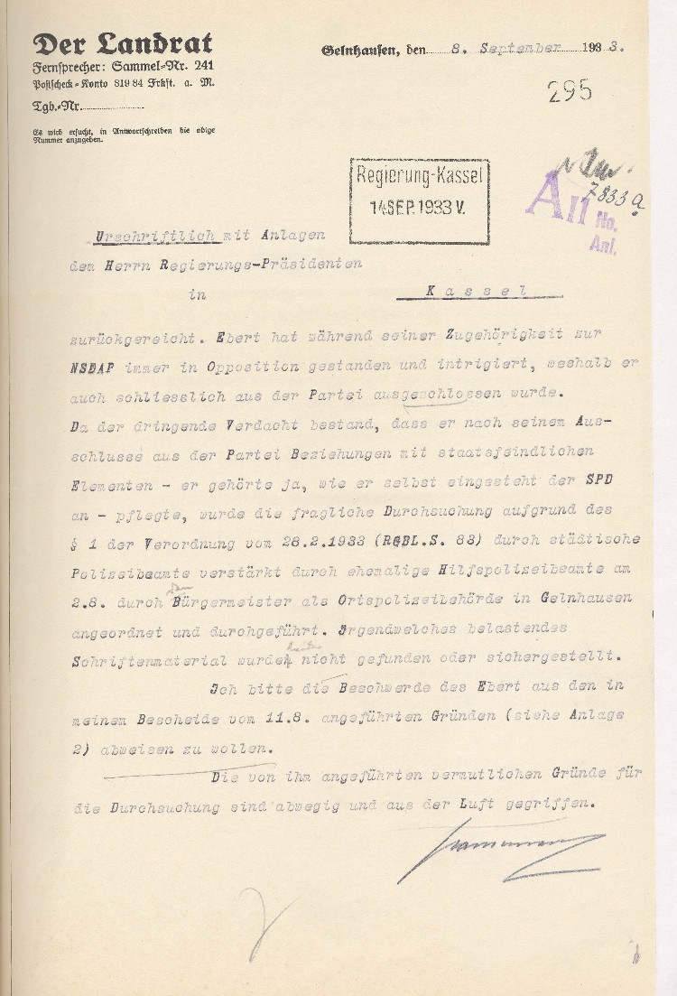 Schreiben an den Regierungspräsidenten Kassel, bezüglich der Beschwerde des Hans Ebert