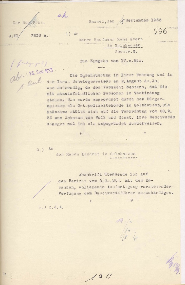 Zurückweisung der Beschwerde von Hans Ebert vom 17.08.1933