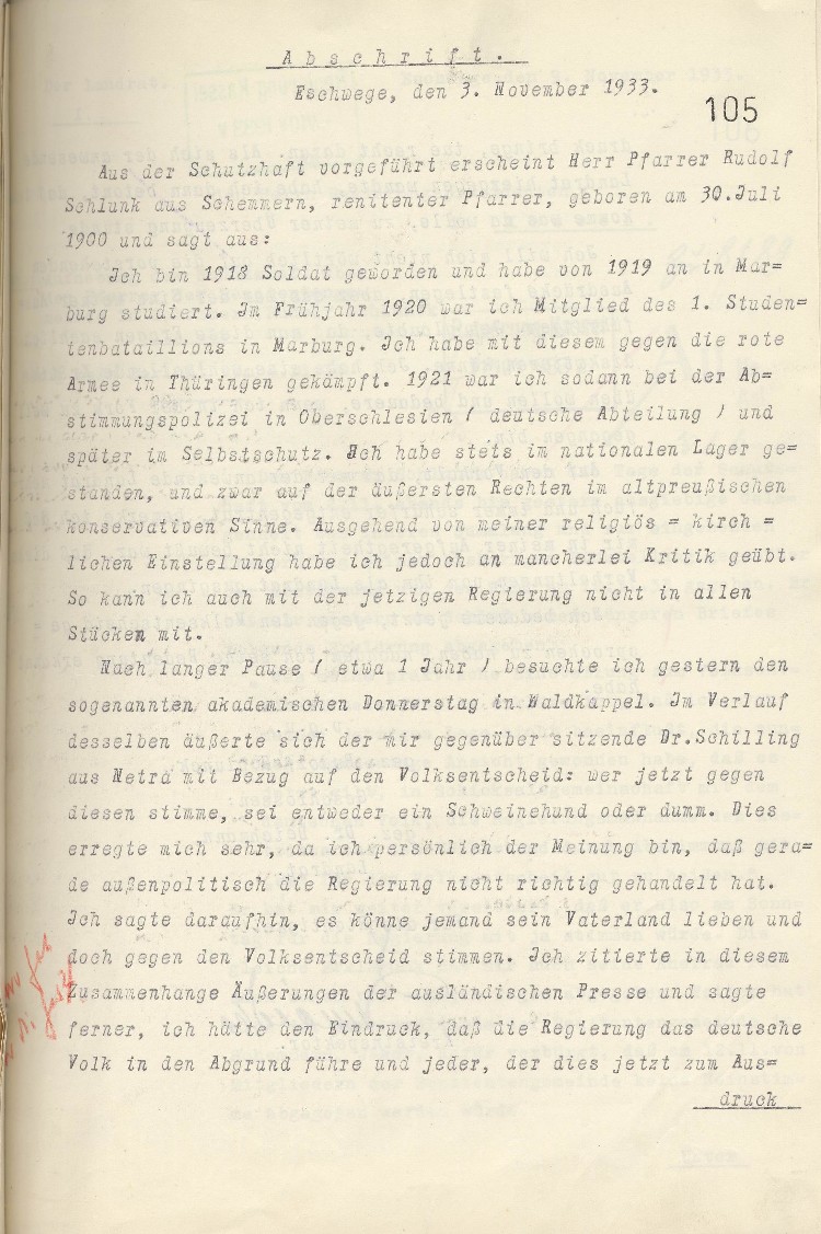 Aufzeichnung der Vernehmung des Pfarrers Schlunk durch den Landrat Dr. Deichmann