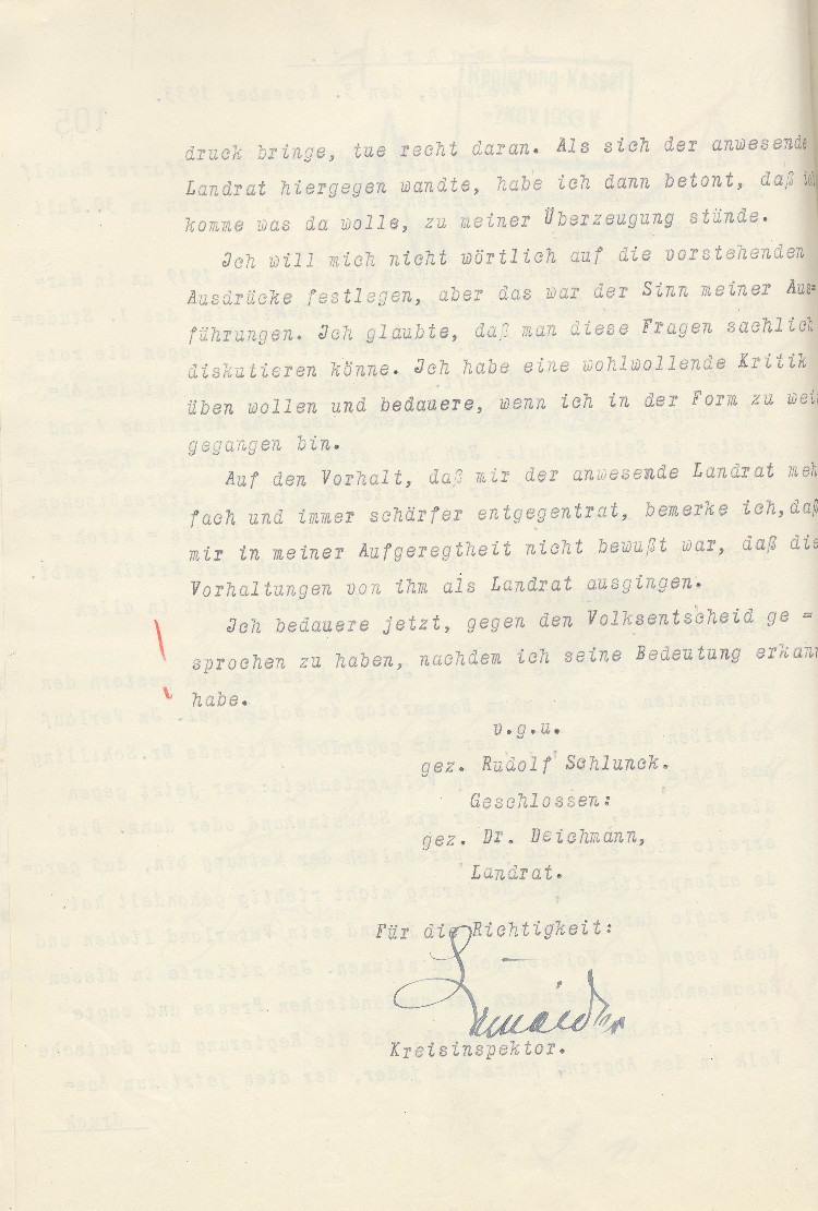 Aufzeichnung der Vernehmung des Pfarrers Schlunk durch den Landrat Dr. Deichmann