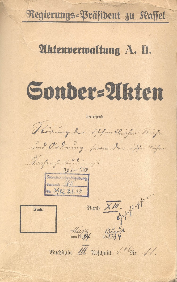 Aktendeckel: Sonderakten betreffend Störung der öffentlichen Ruhe und Ordnung sowie den öffentlichen Sicherheitsdienst , Bd. XIII