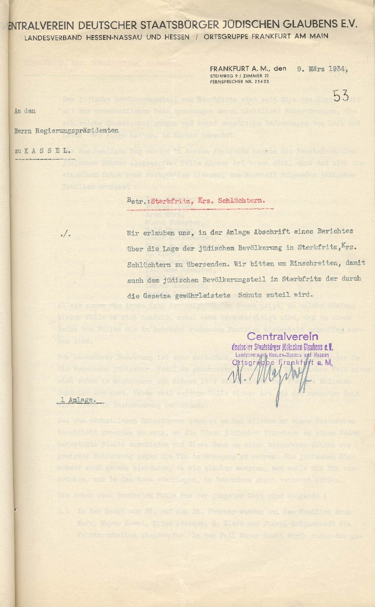 Mitteilung an den Regierungspräsidenten in Kassel über die Lage der jüdischen Bevölkerung in Sterbfritz, Kreis Schlüchtern