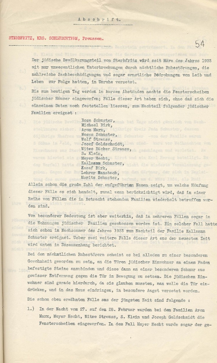 Beschreibung der Lage der jüdischen Bevölkerung in Sterbfritz, Kreis Schlüchtern, Anlage zum Schreiben des Zentralvereins deutscher Staatsbürger jüdischen Glaubens e.V. Frankfurt vom 09.03.1934