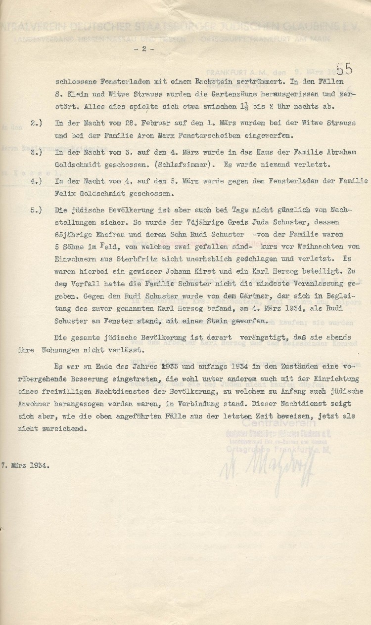 Beschreibung der Lage der jüdischen Bevölkerung in Sterbfritz, Kreis Schlüchtern, Anlage zum Schreiben des Zentralvereins deutscher Staatsbürger jüdischen Glaubens e.V. Frankfurt vom 09.03.1934