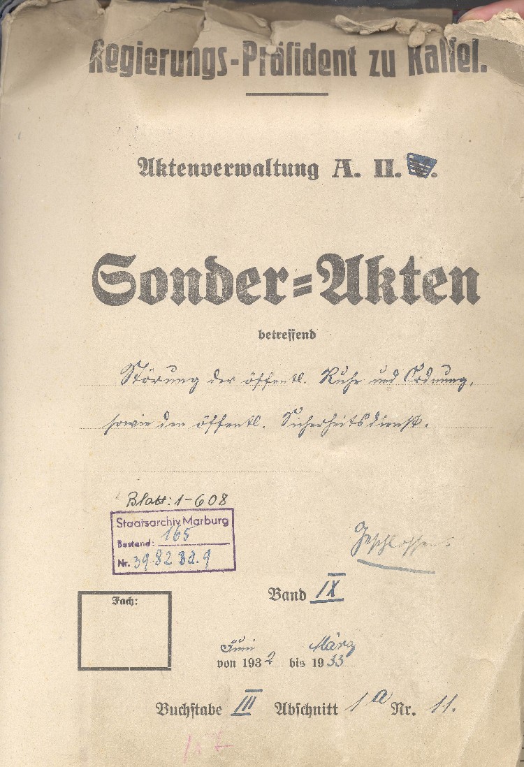 Aktendeckel: Sonderakten betreffend Störung der öffentlichen Ruhe und Ordnung sowie den öffentlichen Sicherheitsdienst Bd. IX