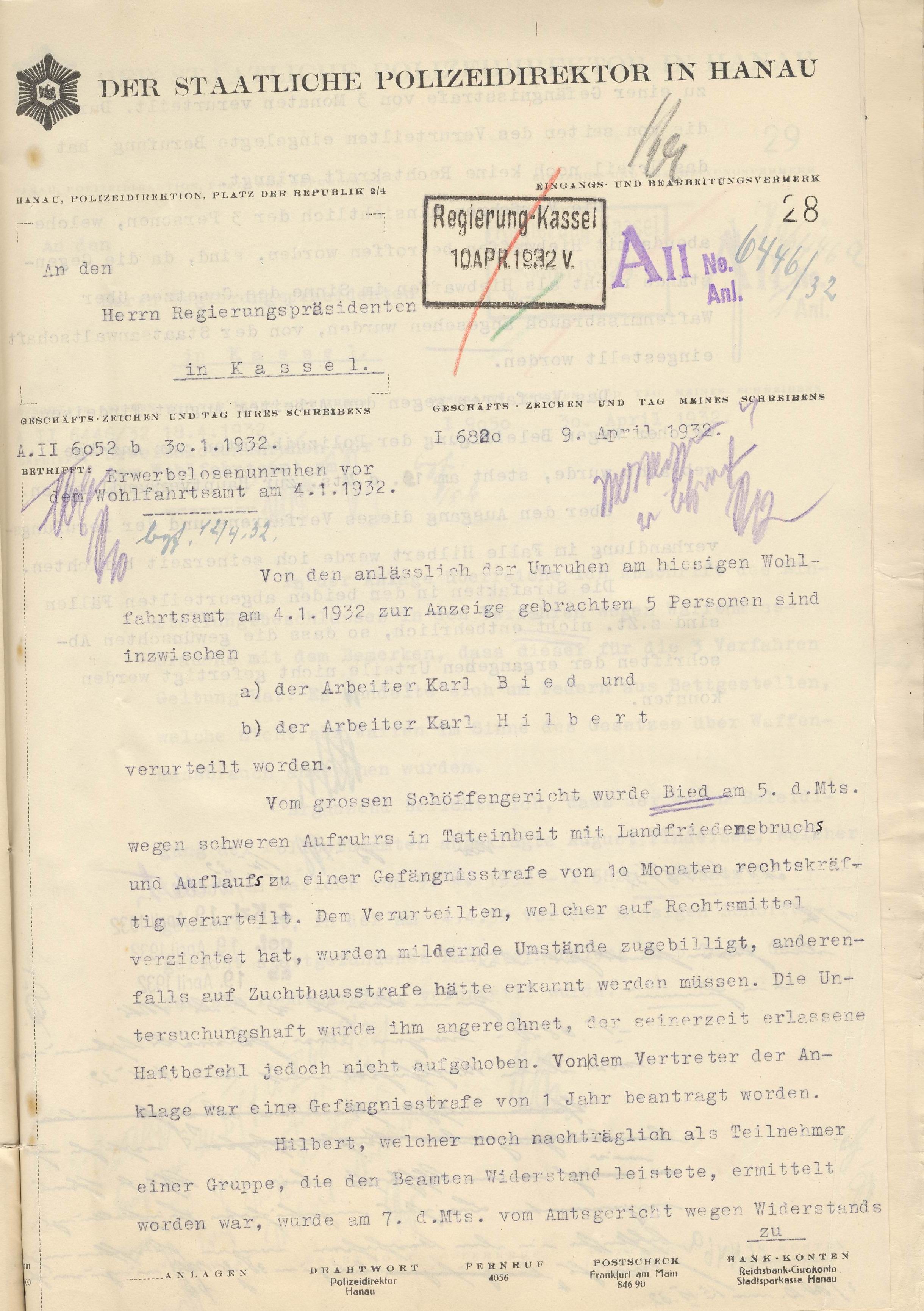 Bericht an Regierungspräsident in Kassel über die Erwerbslosenunruhen vor dem Wohlfahrtsamt am 04.01.1932