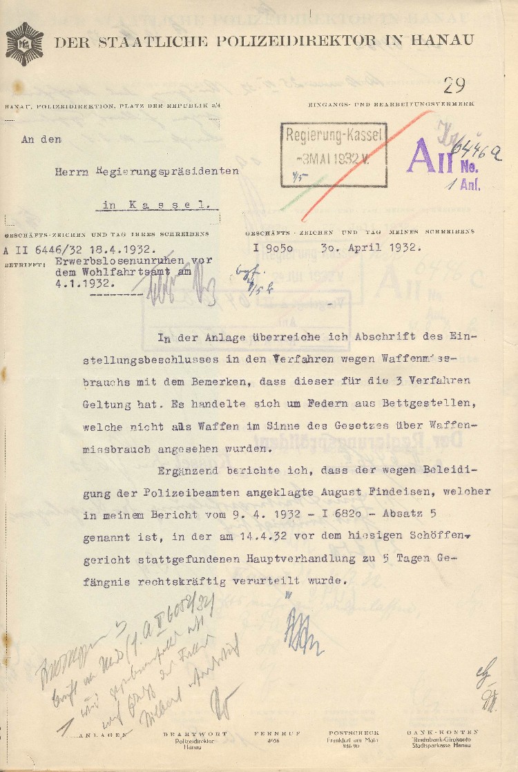 Mitteilung an Regierungspräsident in Kassel über Erwerbslosenunruhen vor dem Wohlfahrtsamt am 04.01.1932