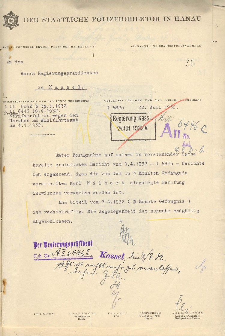 Mitteilung an Regierungspräsident in Kassel: Erwerbslosenunruhen vor dem Wohlfahrtsamt am 04.01.1932