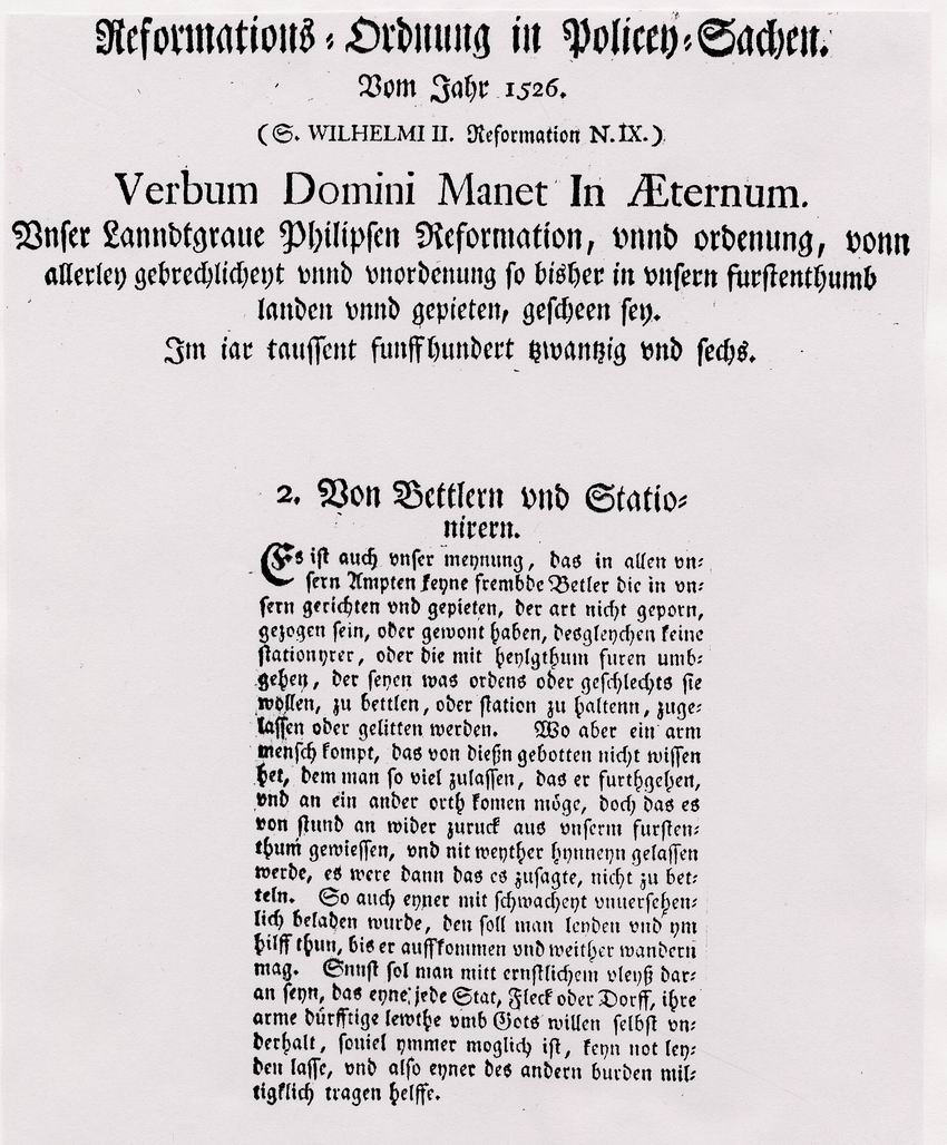 Auszug aus der Reformationsordnung in Policey-Sachen von Landgraf Philipp von Hessen (1504-1567) gegen Bettler und Bettelmönche, 1526