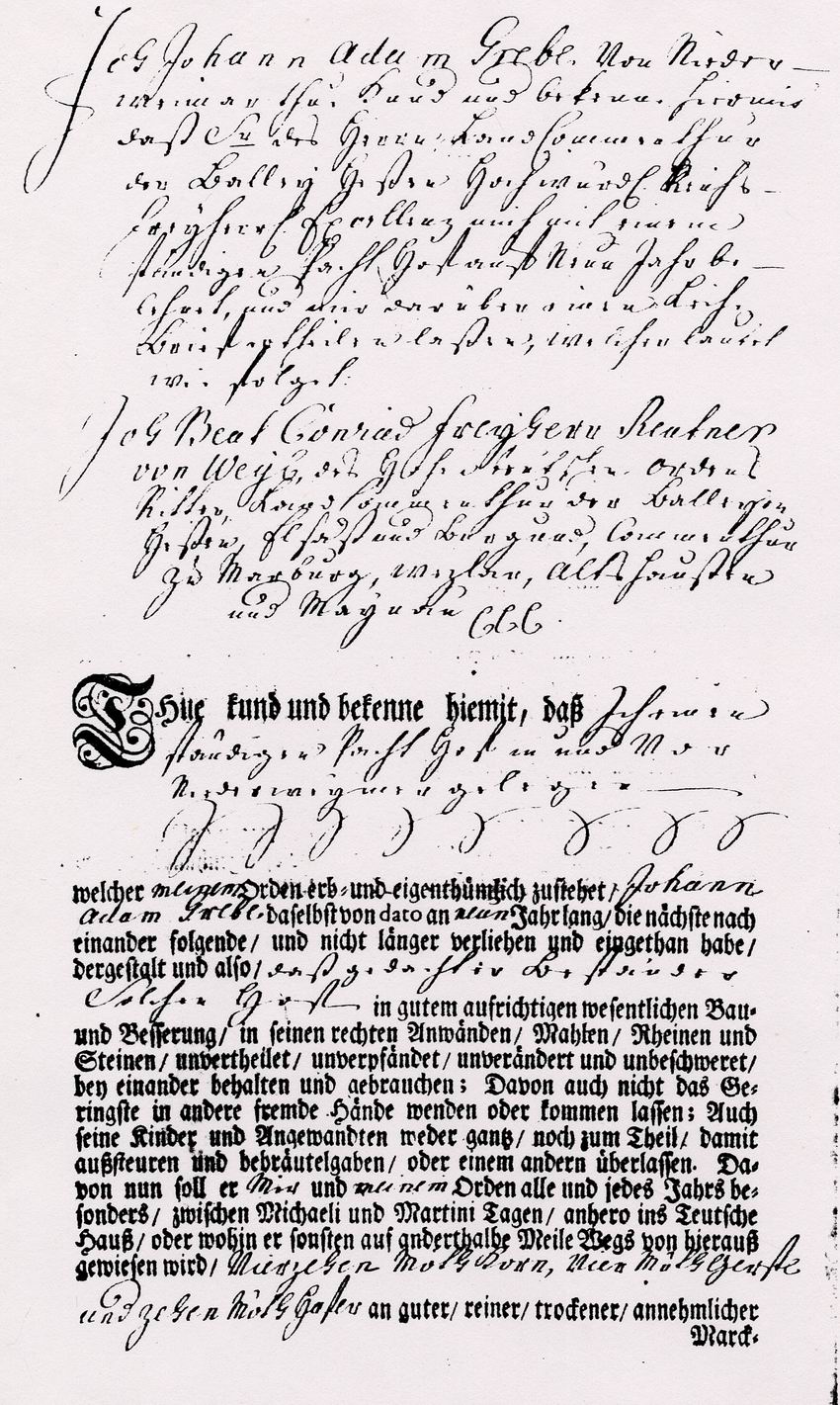 Leihebrief oder Pachtvertrag des Johann Adam Grebe in Niederweimar, 1. April 1782