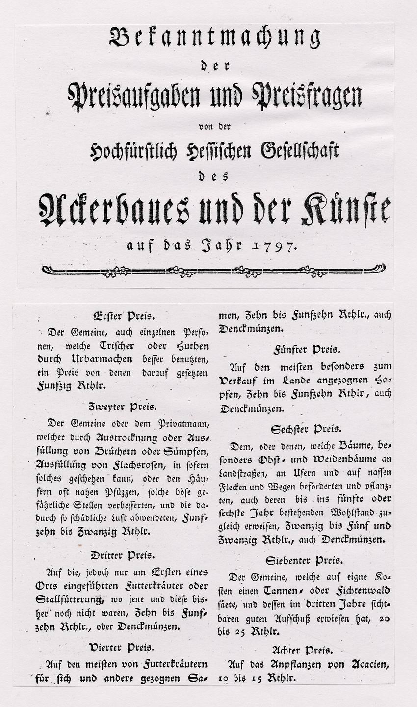 Preisaufgaben und Preisfragen der „Hochfürstlich Hessischen Gesellschaft des Ackerbaues und der Künste“, 1797