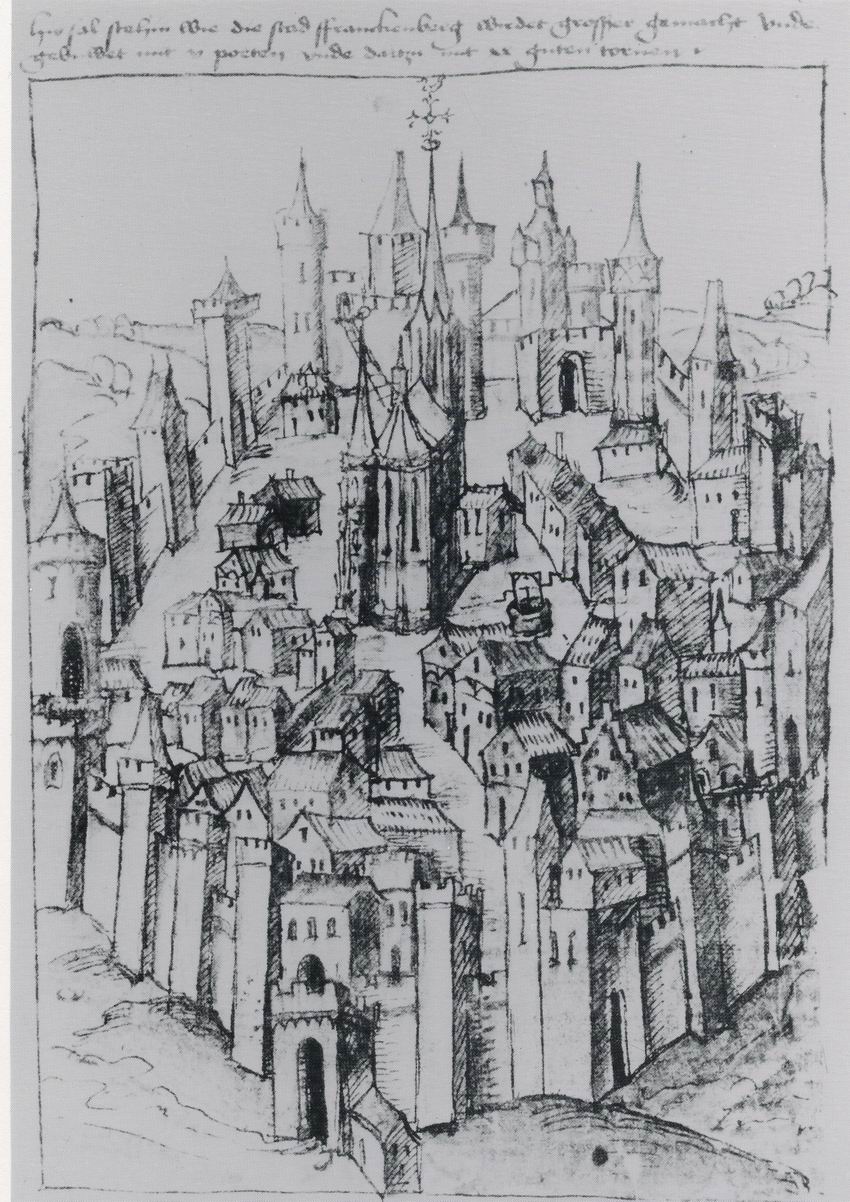 Ansicht der Stadt Frankenberg. Federzeichnung aus der Chronik der Stadt Frankenberg von Wigand Gerstenberg (1457-1522), um 1500