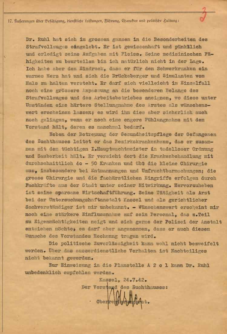Dienstliche Beurteilung des Anstaltsarztes Dr. Ruhl aus Kassel,
