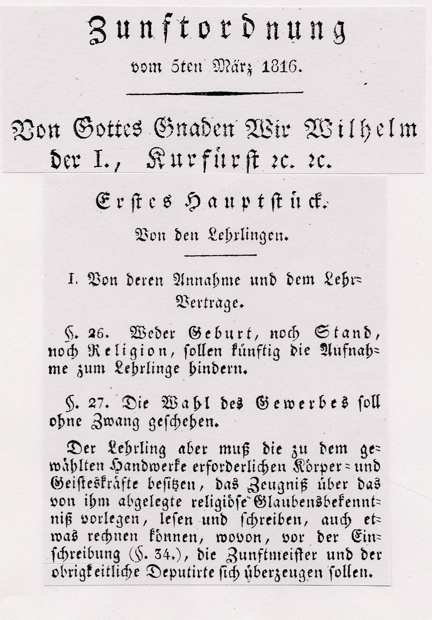Auszug aus der Zunftordnung über Lehrvertrag und freie Wahl des Gewerbes, 5. März 1816