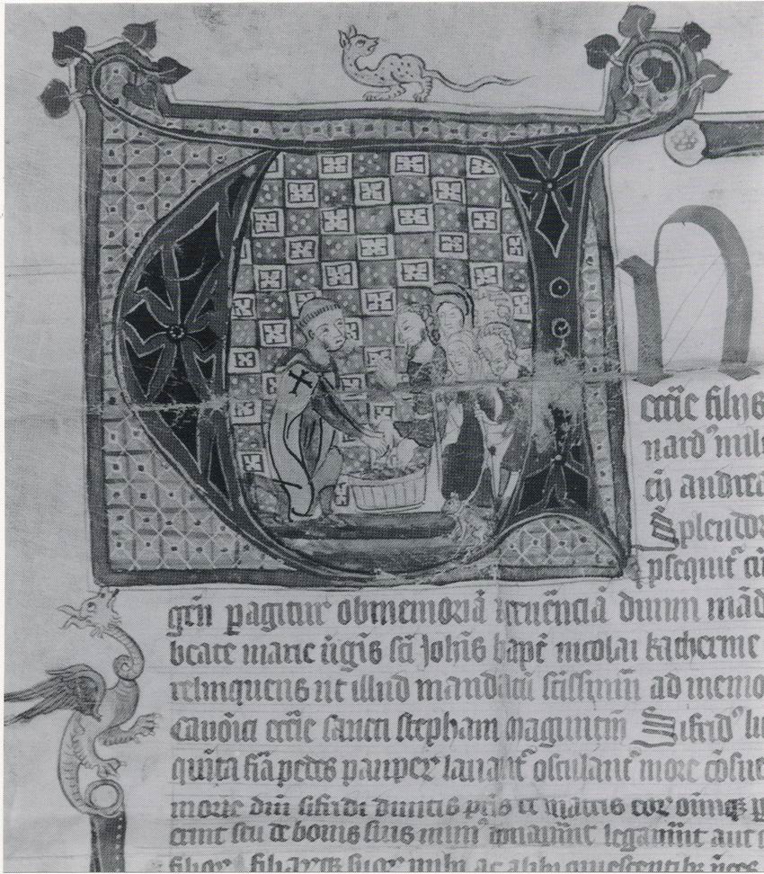 Initialbild mit Deutschordensbruder bei Fußwaschung. Ablassbrief für die Pfarrkirche St. Marien in Marburg, Avignon 1356