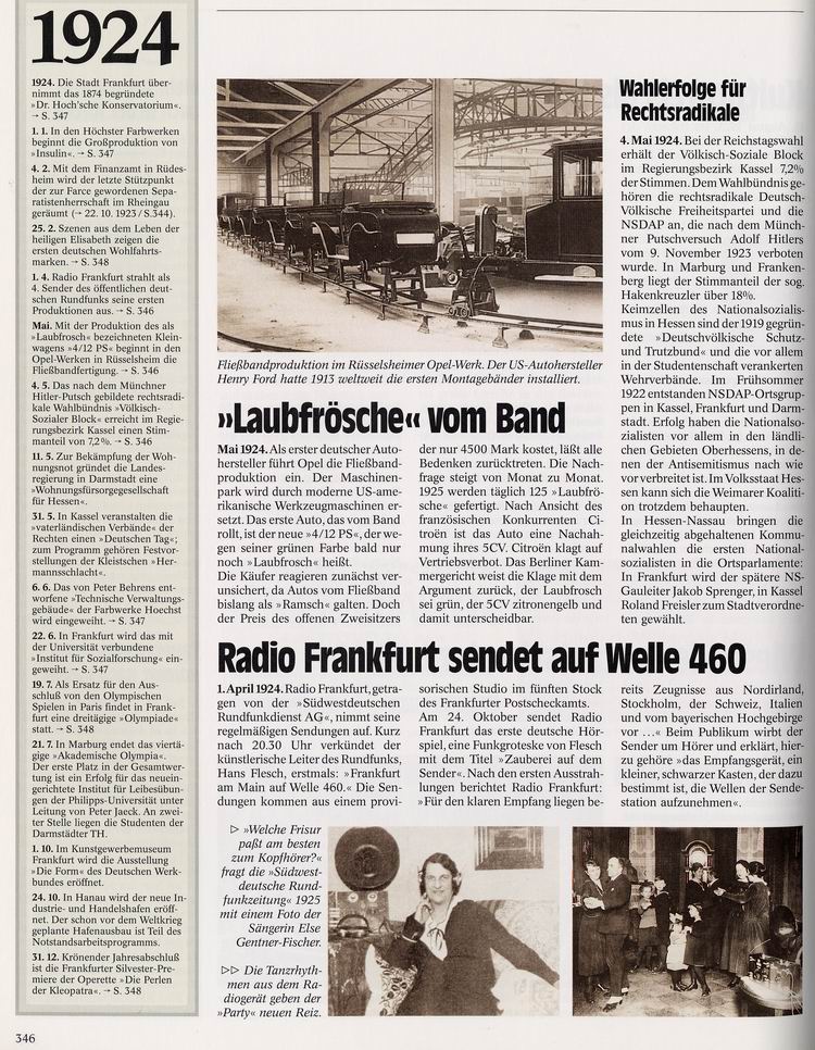 Chronik Hessens 1924: Beginn der Stabilisierung - Fließbandproduktion im Rüsselsheimer Opel-Werk wird aufgenommen, Mai 1924