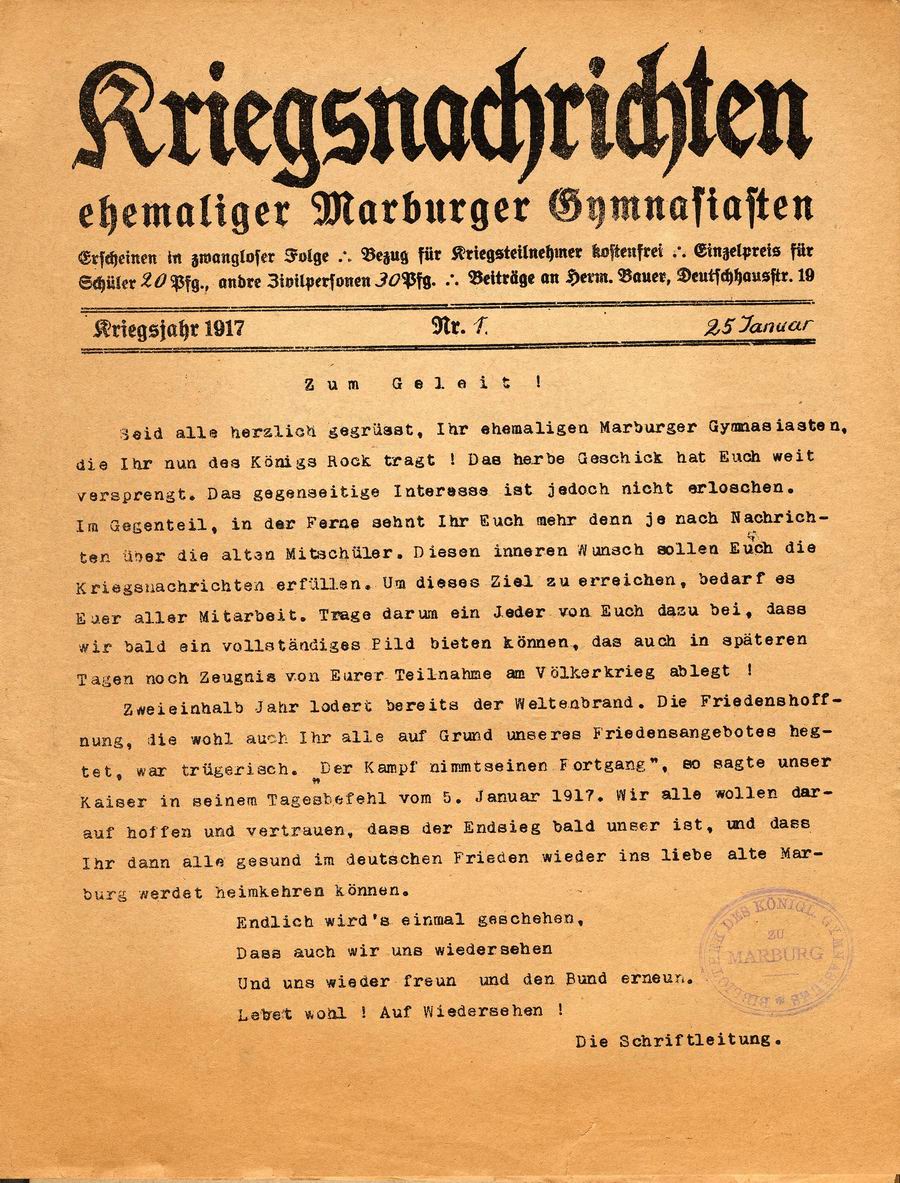 Kriegsnachrichten ehemaliger Marburger Gymnasiasten, Kriegsjahr 1917, Nr. 1 vom 25. Januar 1917