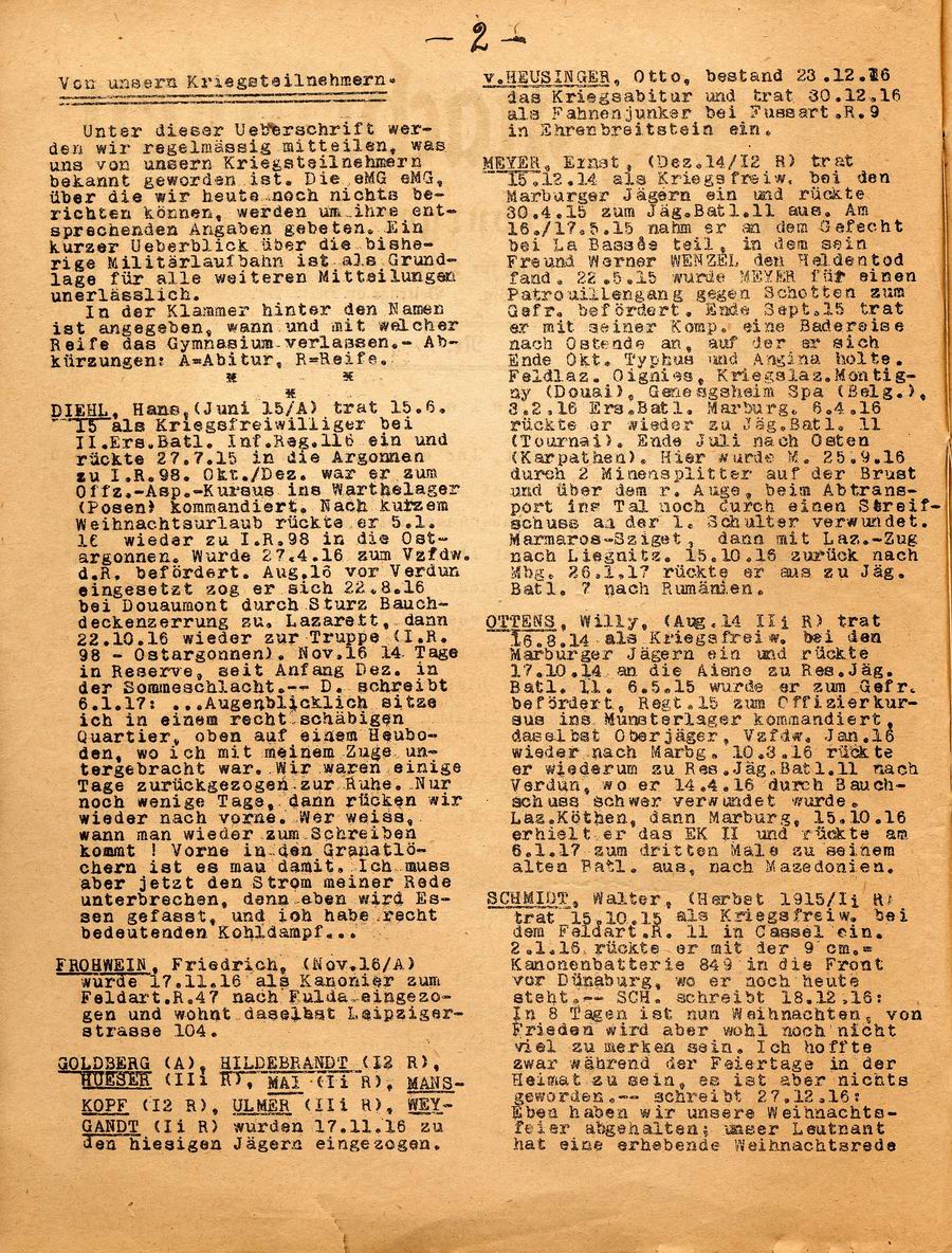 Kriegsnachrichten ehemaliger Marburger Gymnasiasten, Kriegsjahr 1917, Nr. 1 vom 25. Januar 1917