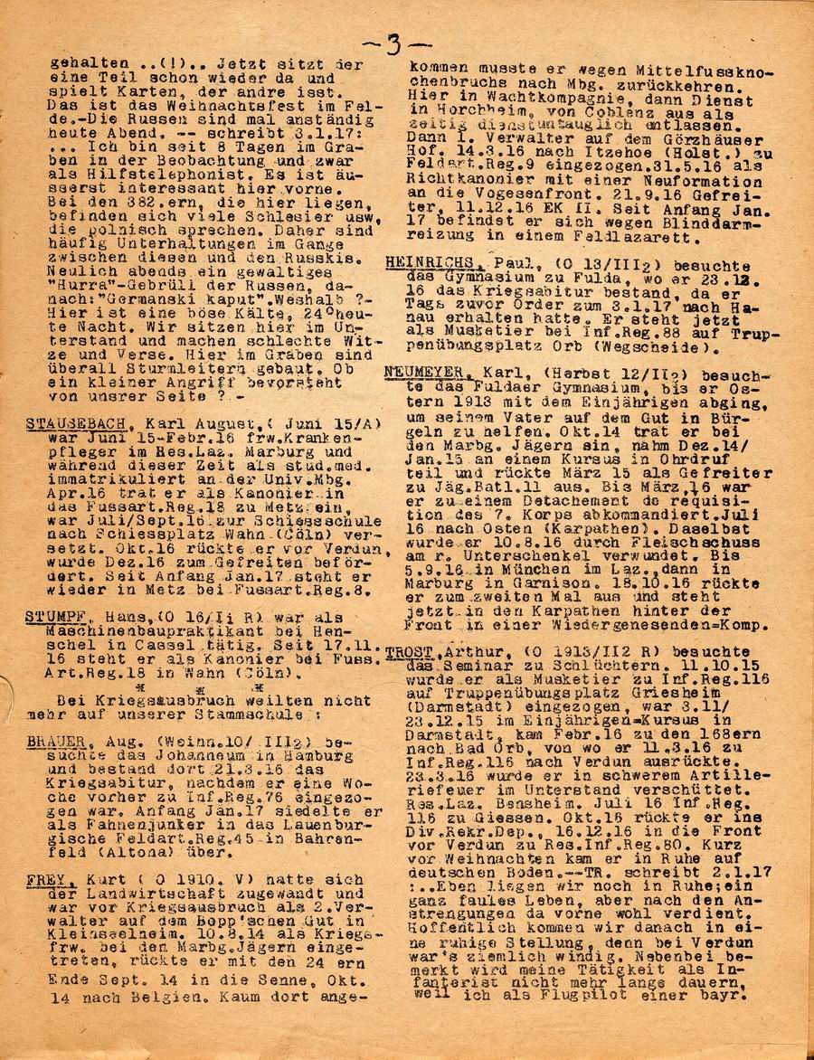 Kriegsnachrichten ehemaliger Marburger Gymnasiasten, Kriegsjahr 1917, Nr. 1 vom 25. Januar 1917