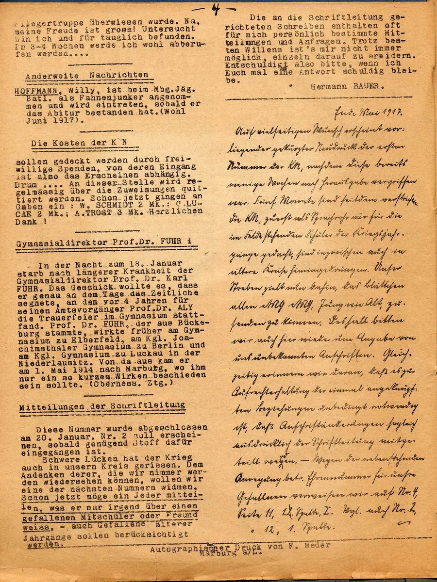 Kriegsnachrichten ehemaliger Marburger Gymnasiasten, Kriegsjahr 1917, Nr. 1 vom 25. Januar 1917
