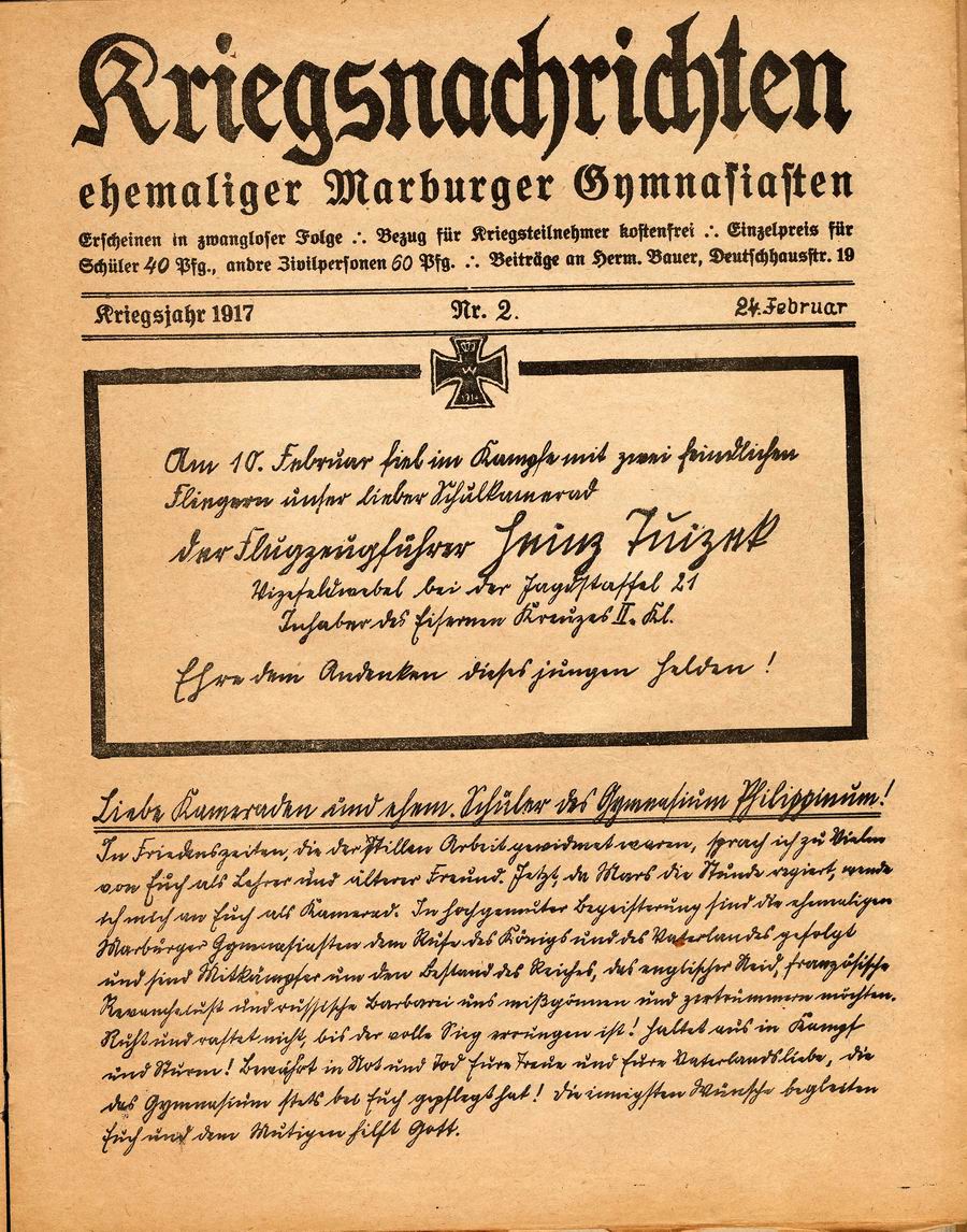 Kriegsnachrichten ehemaliger Marburger Gymnasiasten, Kriegsjahr 1917, Nr. 2 vom 24. Februar 1917