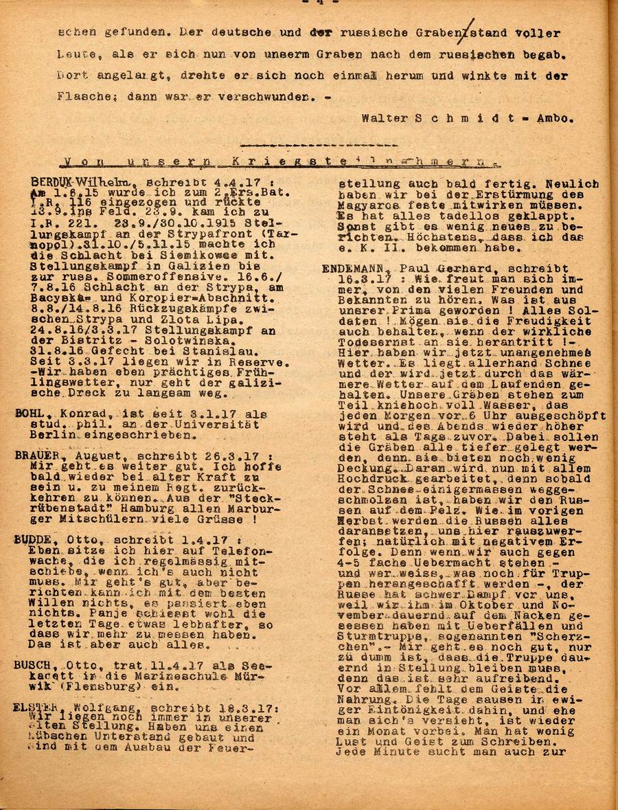 Kriegsnachrichten ehemaliger Marburger Gymnasiasten, Kriegsjahr 1917, Nr. 4 vom 3. Mai 1917