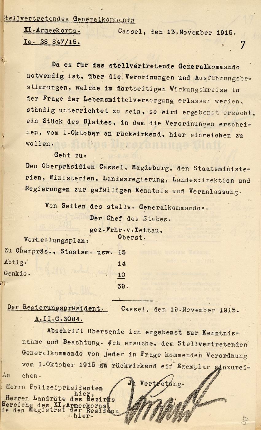 Stellv. Generalkommando des XI.  Armeekorps Cassel an den Regierungspräsidenten in Cassel, betr. Einholung von Erfahrungsberichten auf dem Gebiete der Lebensmittelversorgung, 13. November 1915