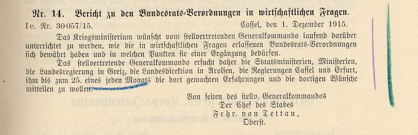 Stellv. Generalkommando des XI.  Armeekorps Cassel an den Regierungspräsidenten in Cassel, betr. Einholung von Erfahrungsberichten auf dem Gebiete der Lebensmittelversorgung, 13. November 1915