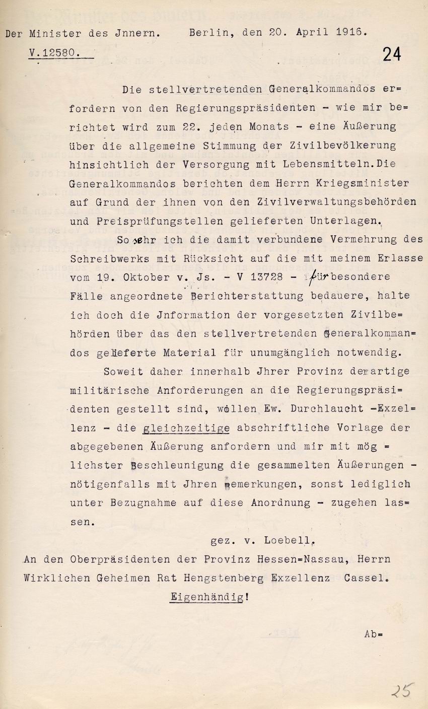 Der preußische Minister des Innern, v. Loebell, an die Oberpräsidenten betr. Vorlage der Stimmungsberichte auch an die Zivilbehörden, 20. April 1916