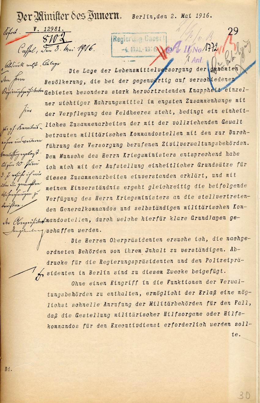 Der preußische Minister des Innern, v. Loebell, an die Oberpräsidenten betr. Zusammenarbeit mit den militärischen Kommandostellen, 2. Mai 1916