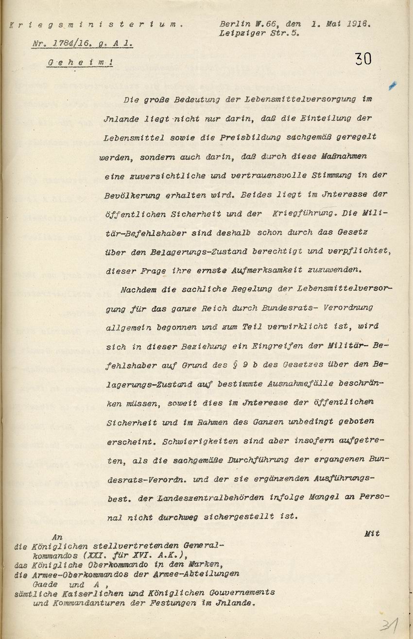 Erlaß des Kriegsministeriums (geheim) betr. Belagerungszustand, Lebensmittelversorgung und Stimmungsberichte der Bevölkerung, 1. Mai 1916