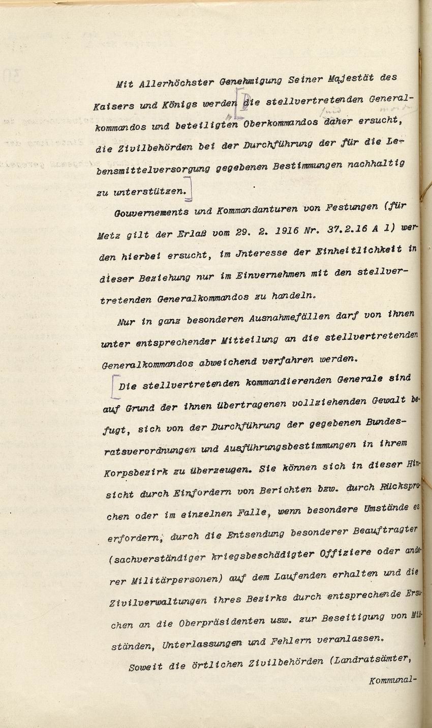 Erlaß des Kriegsministeriums (geheim) betr. Belagerungszustand, Lebensmittelversorgung und Stimmungsberichte der Bevölkerung, 1. Mai 1916