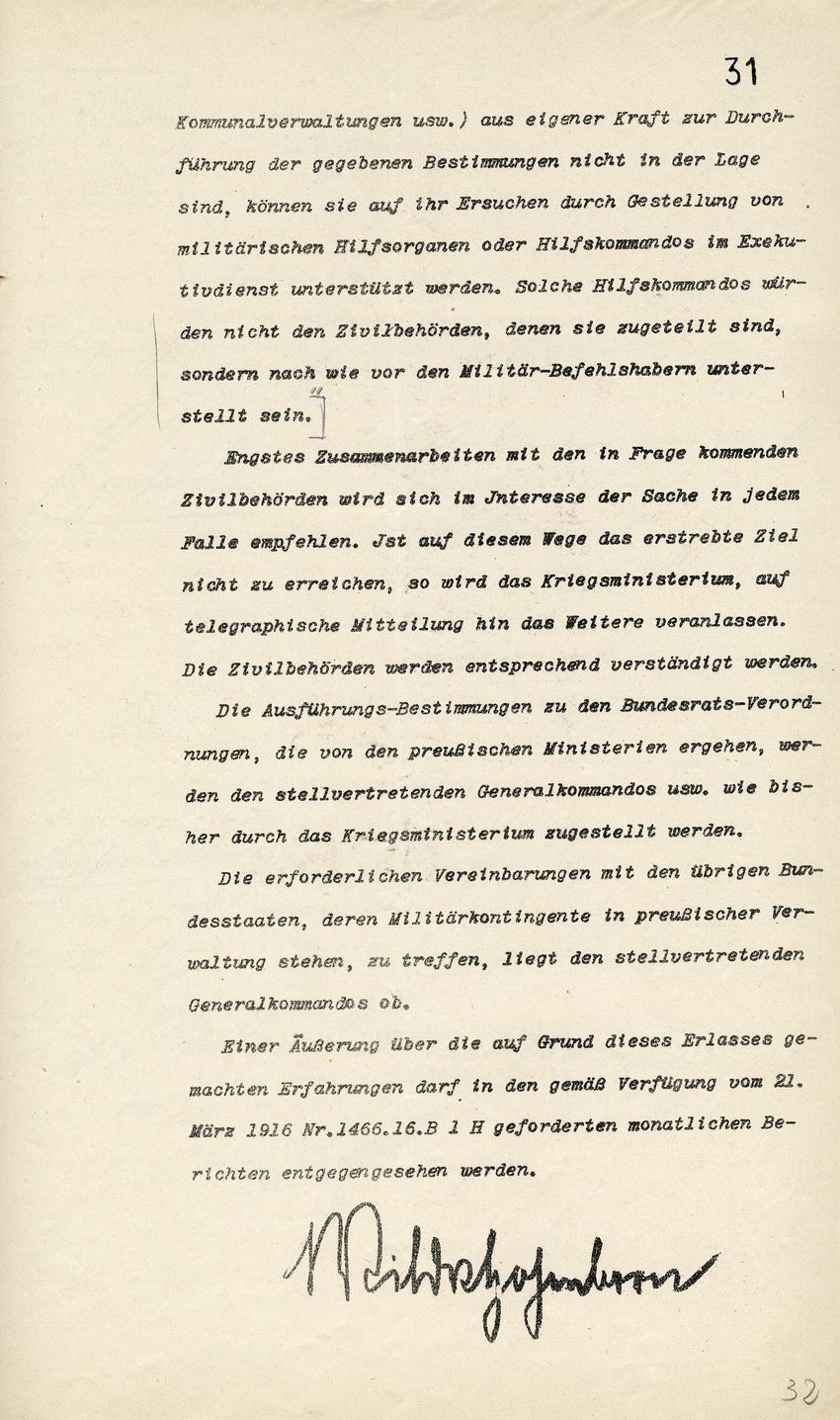 Erlaß des Kriegsministeriums (geheim) betr. Belagerungszustand, Lebensmittelversorgung und Stimmungsberichte der Bevölkerung, 1. Mai 1916