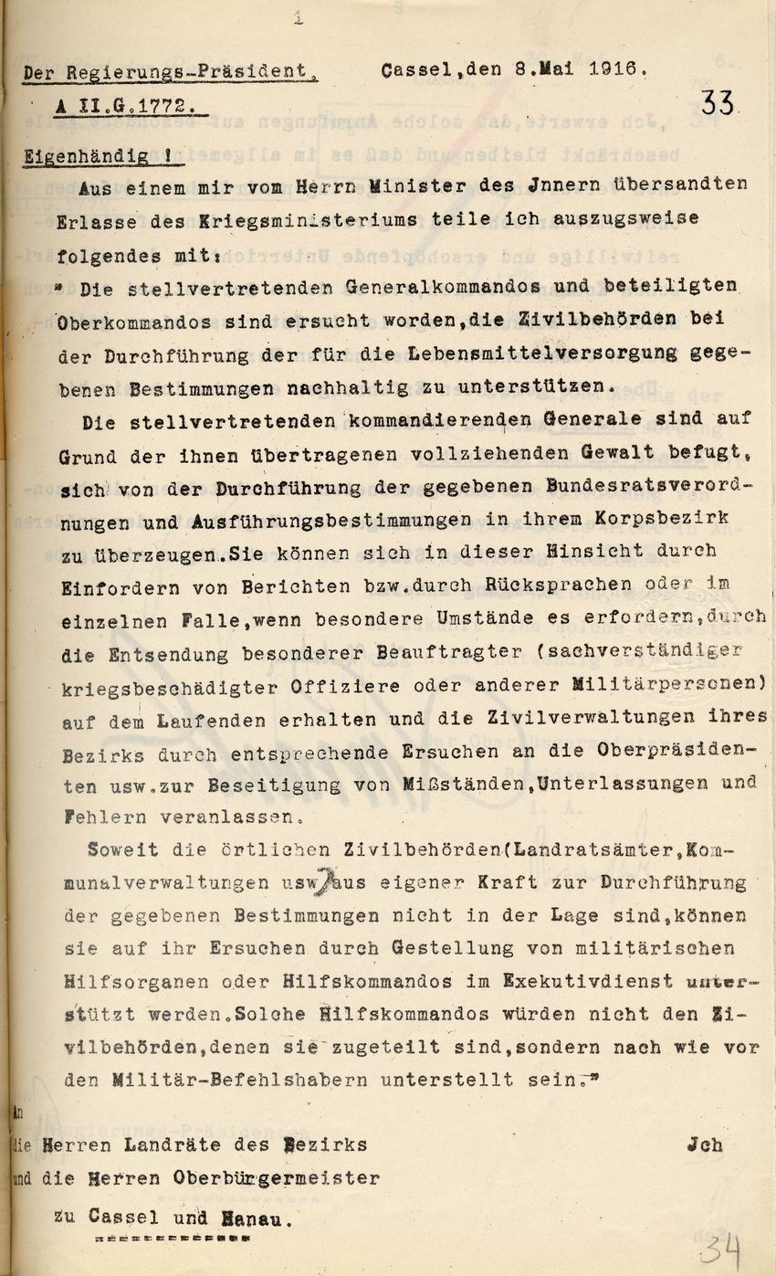 Der Regierungs-Präsident Cassel an die Landräte und Oberbürgermeister betr.  Zusammenarbeit der stellv. Generalkommandos mit den Zivilbehörden bei der Lebensmittelversorgung, 8. Mai 1916