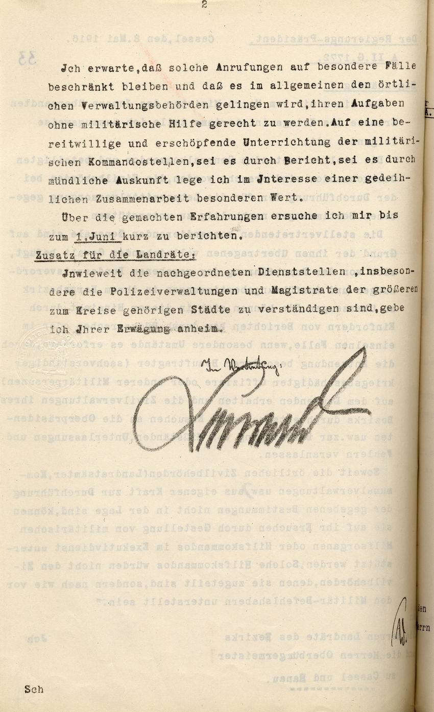 Der Regierungs-Präsident Cassel an die Landräte und Oberbürgermeister betr.  Zusammenarbeit der stellv. Generalkommandos mit den Zivilbehörden bei der Lebensmittelversorgung, 8. Mai 1916