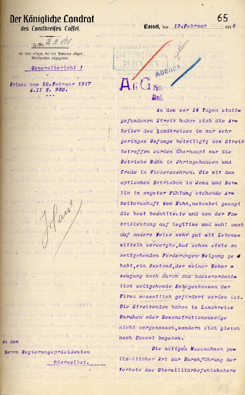 Lagebericht des Landrats vom 19. Februar 1918 über Streiks im Landkreis Kassel, 19.2.1918