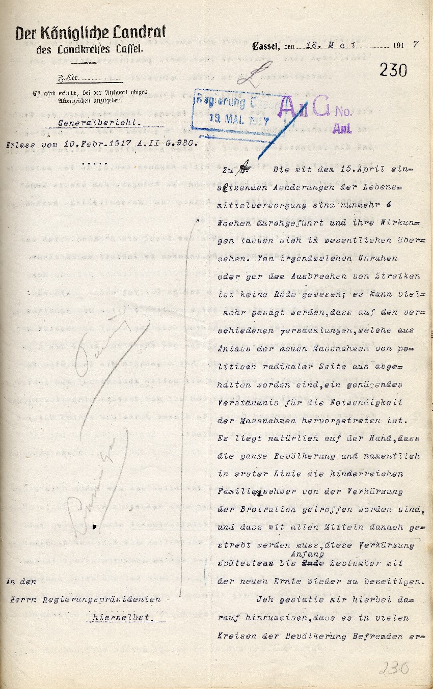 Generalbericht des Königlichen Landrats des Landkreises Cassel an den Regierungspräsidenten in Cassel betreffend Schwierigkeiten bei der Lebensmittelversorgung, 18.05.1917