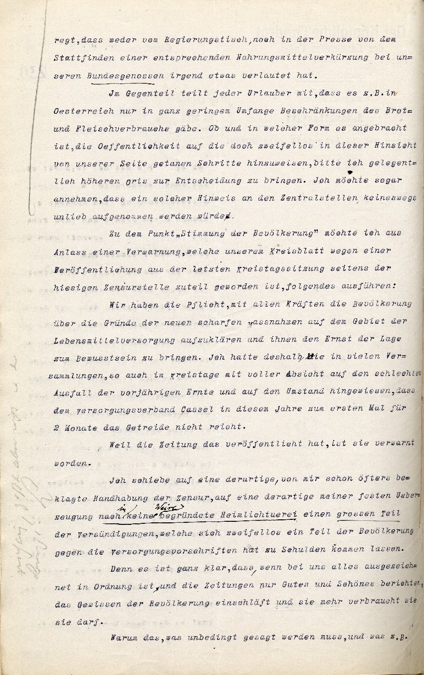 Generalbericht des Königlichen Landrats des Landkreises Cassel an den Regierungspräsidenten in Cassel betreffend Schwierigkeiten bei der Lebensmittelversorgung, 18.05.1917