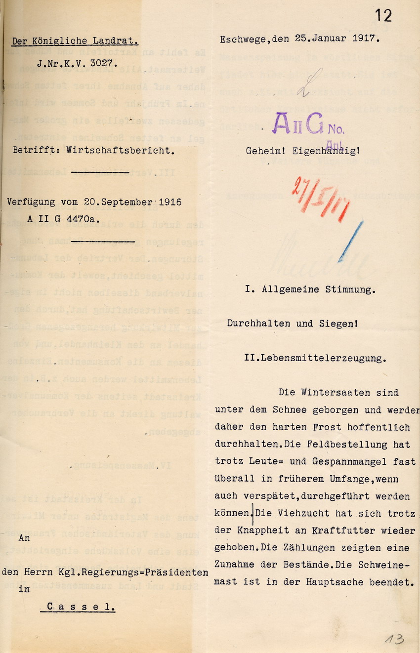 Stimmungsbericht des Kgl. Landrats Eschwege an den Regierungspräsidenten in Cassel, „Durchhalten und Siegen“, 25. Januar 1917