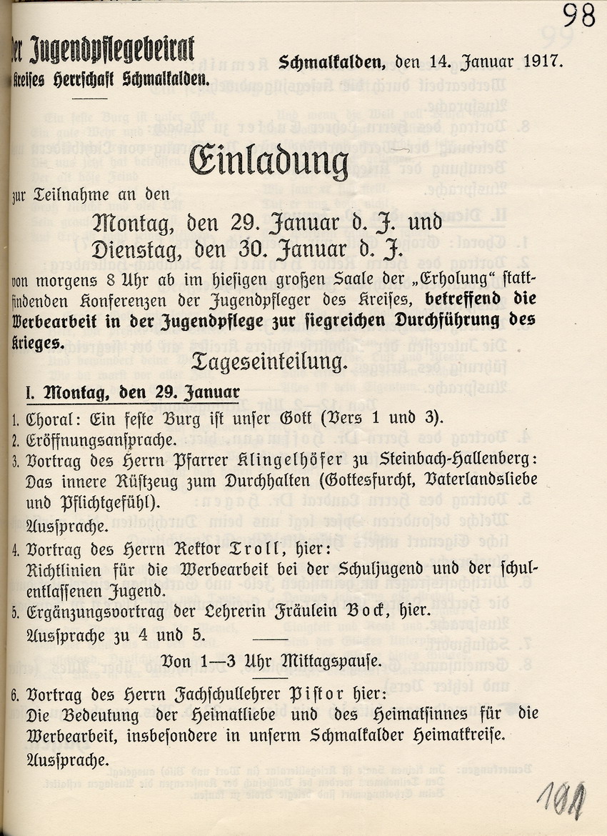 „Werbearbeit in der Jugendpflege zur siegreichen Durchführung des Krieges“, Konferenz der Jugendpfleger des Kreises Schmalkalden vom 29.-30-Januar 1917