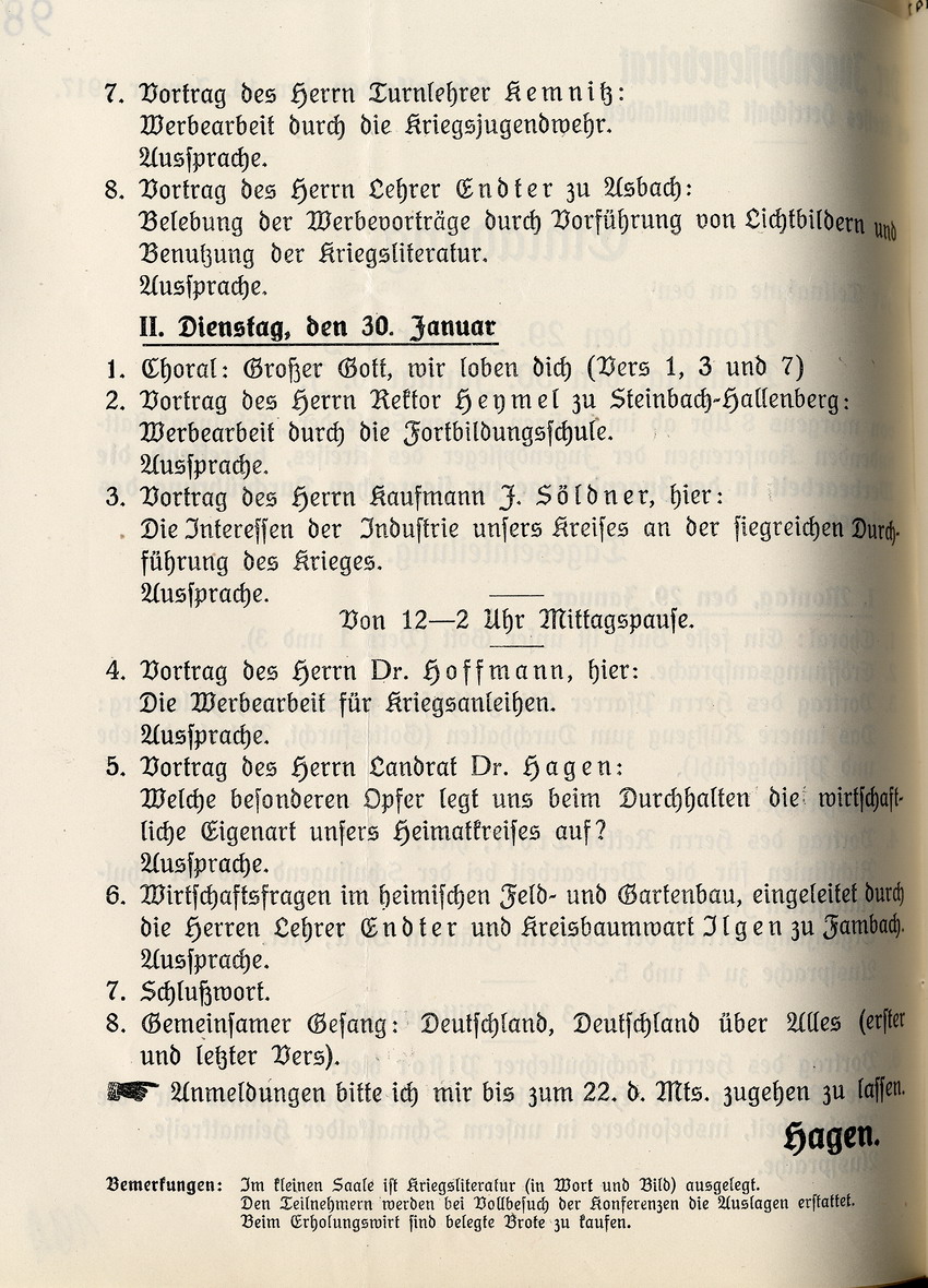 „Werbearbeit in der Jugendpflege zur siegreichen Durchführung des Krieges“, Konferenz der Jugendpfleger des Kreises Schmalkalden vom 29.-30-Januar 1917