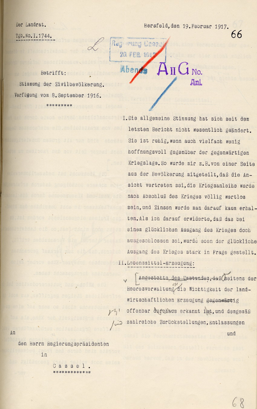 Stimmungsbericht des Landrats Hersfeld an den Regierungspräsidenten in Cassel, 19. Februar 1917