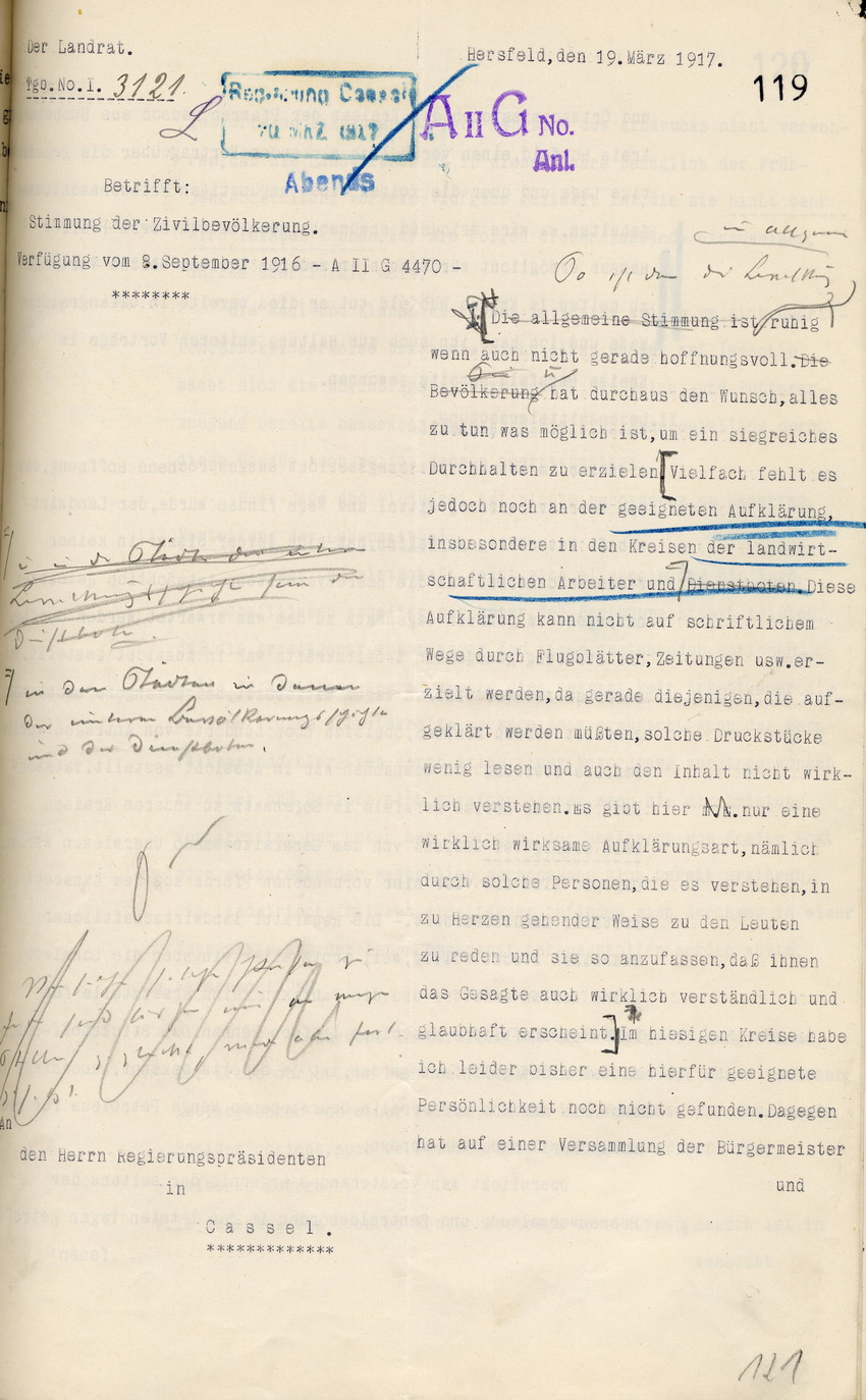 Stimmungsbericht des Landrats Hersfeld an den Regierungspräsidenten in Cassel, 19. März 1917